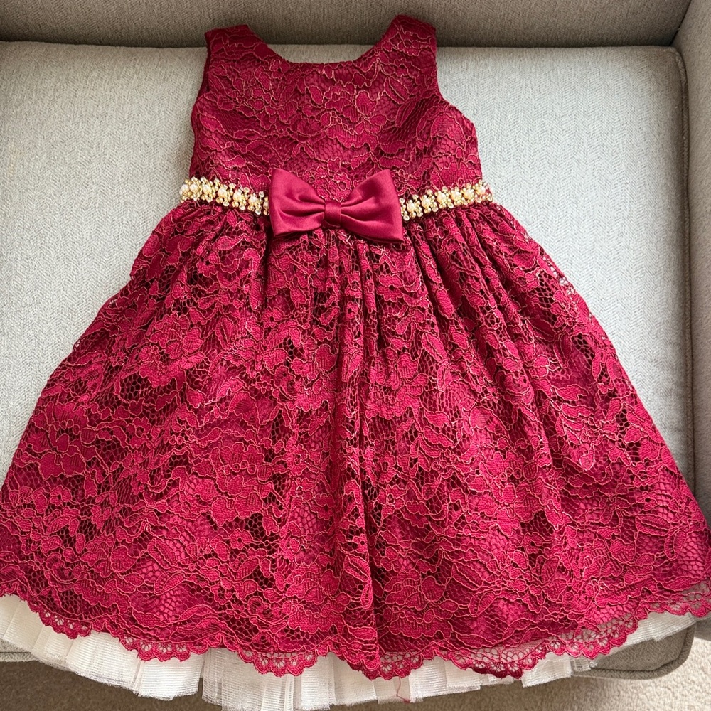 NWOT American Princess 3t Burgundy Lace Dress with Gold Pearl Tulle Accents